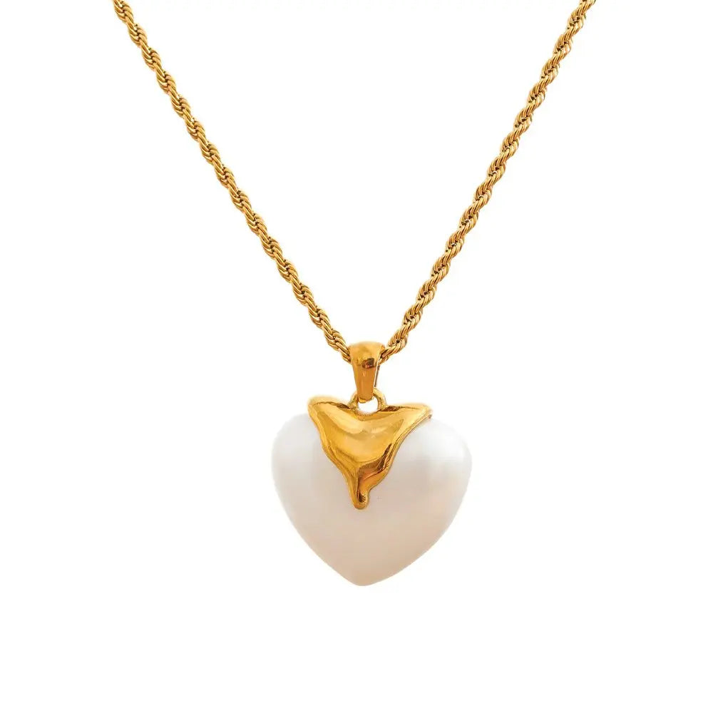 Yhpup Stainless Steel Imitation Pearls Heart Pendant Necklace for Women Elegance Popular Chic Romantic Korean Jewelry Gift