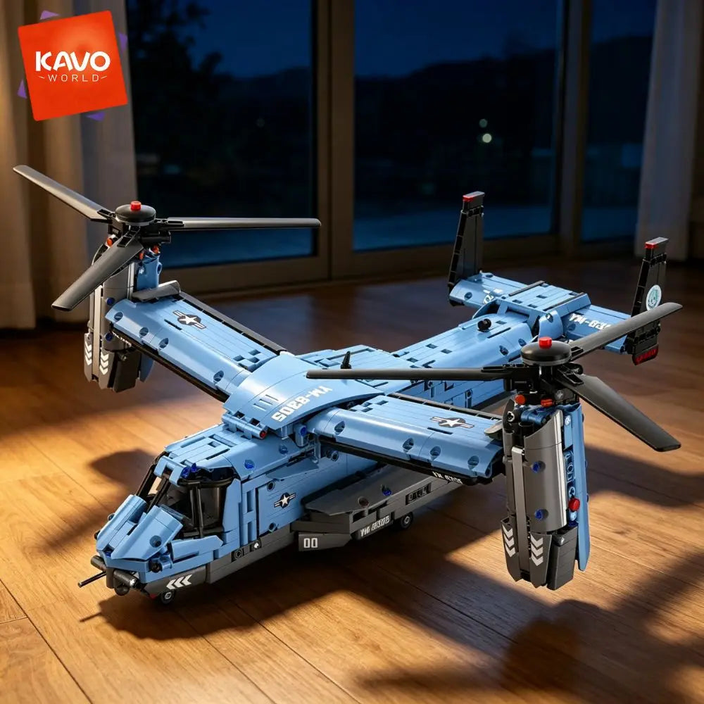 KAVOWORLD 1486PCS V-22 Osprey Tiltrotor Aircraft Building Blocks Set Simulation Military Helicopter Model Kit Collectible Airplane Bricks Construction Set, 360° Rotating Propellers Sliding Cockpit Movable Landing Gear Military Fans Christmas Birthday Gift