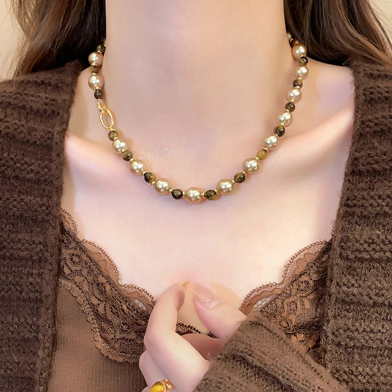 Maillard Natural Tiger's-eye Champagne Pearl Bead Necklace For 2024 Fashion Jewelry Women's Sexy Sweater Chain Neck Accessories
