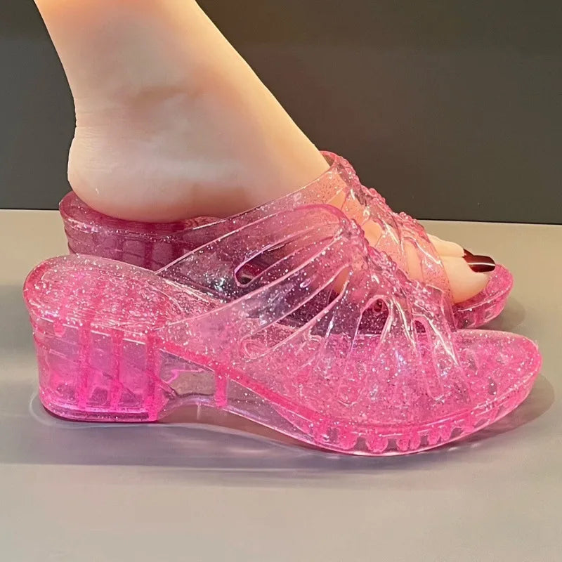 36-40 Women Slippers Summer Wedges Sandals Transparent Crystal Shoes Female Flip Flops Hollow Out Thick-soled Anti-slip Footwear