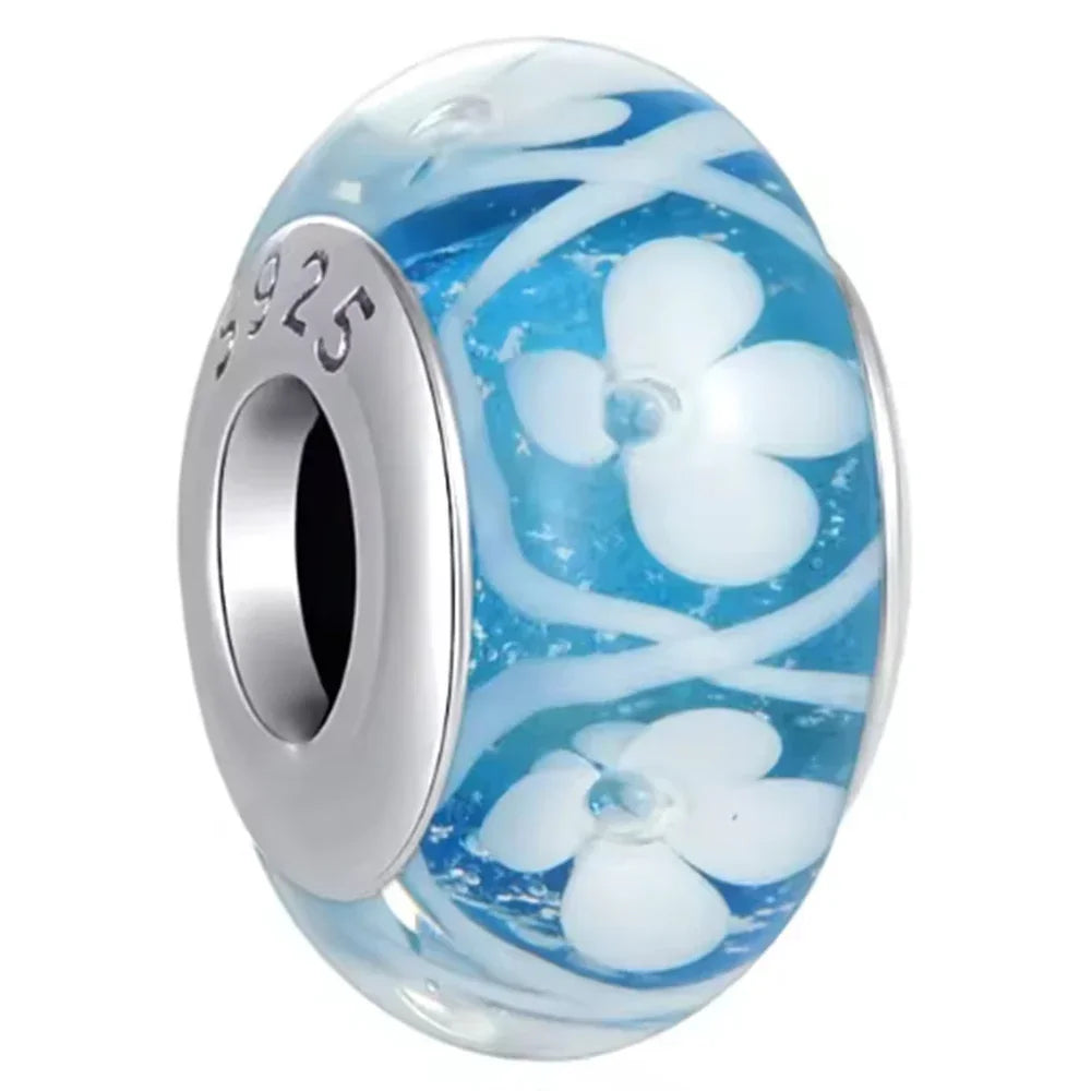 2025classic 925 Sterling Silver Colored Flower Leaf Cosmic Rainbow Murano Glass Charms Beads Fit DIY Bracelet Women Jewelry Gift