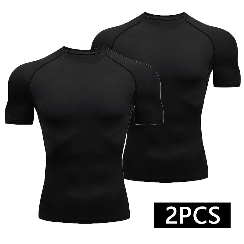 2-Piece Compression T Shirt Men Summer Sportswear Running T-shirt Elastic Quick Dry Sport Tops Athletic Gym Workout Shirts Men