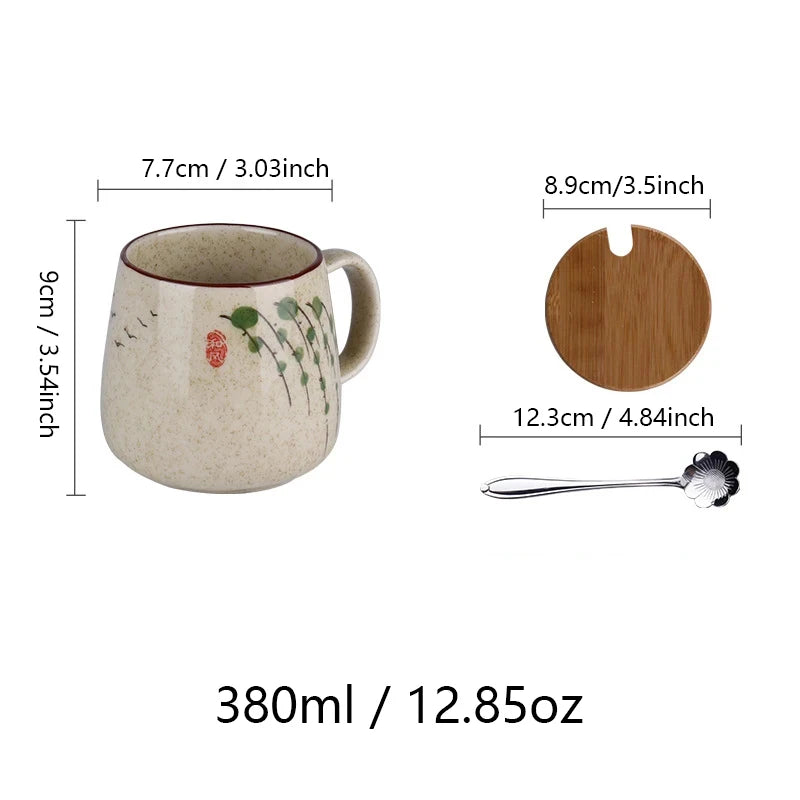 YWDL 350ml Japanese Ceramic Coffee Mug With Lid And Spoon Milk Breakfast Cups Home Heat-resistant Teacup Tumbler Water Mug Gift