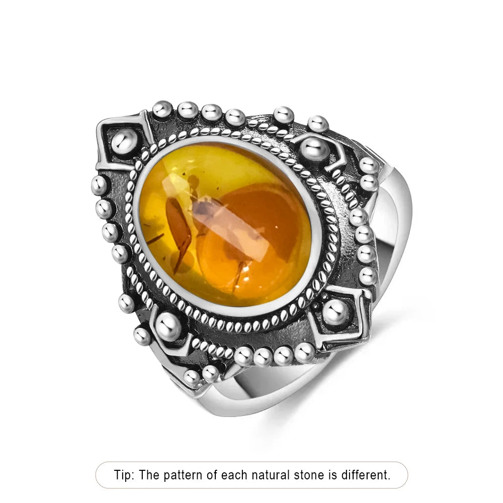 Certified Sterling Silver 925 Petal Amber Ring with Yellow Oval Natural Stone Ring Flower Jewelry Vintage Rings for Women Men