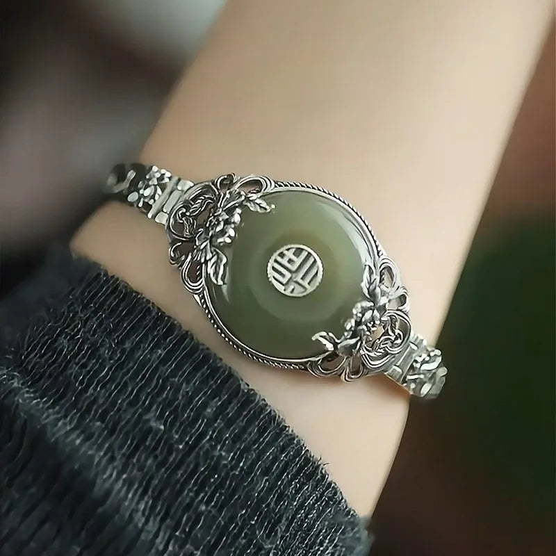 silver 925 new in retro natural Hotan Jade Fu character bracelets for women ethnic style peony flower bracelet wedding jewelry