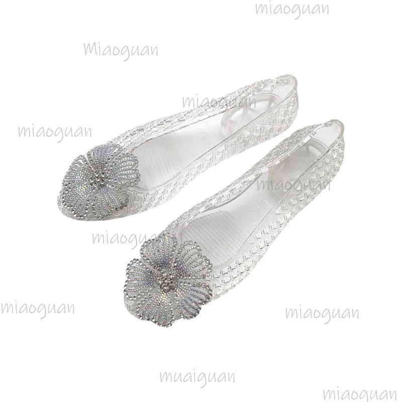 New Crystal Jelly Shoes Sparkling Diamond Flower Pointed Toe Sandals Women's Shallow Mouth Beach VacationTransparent Footwears