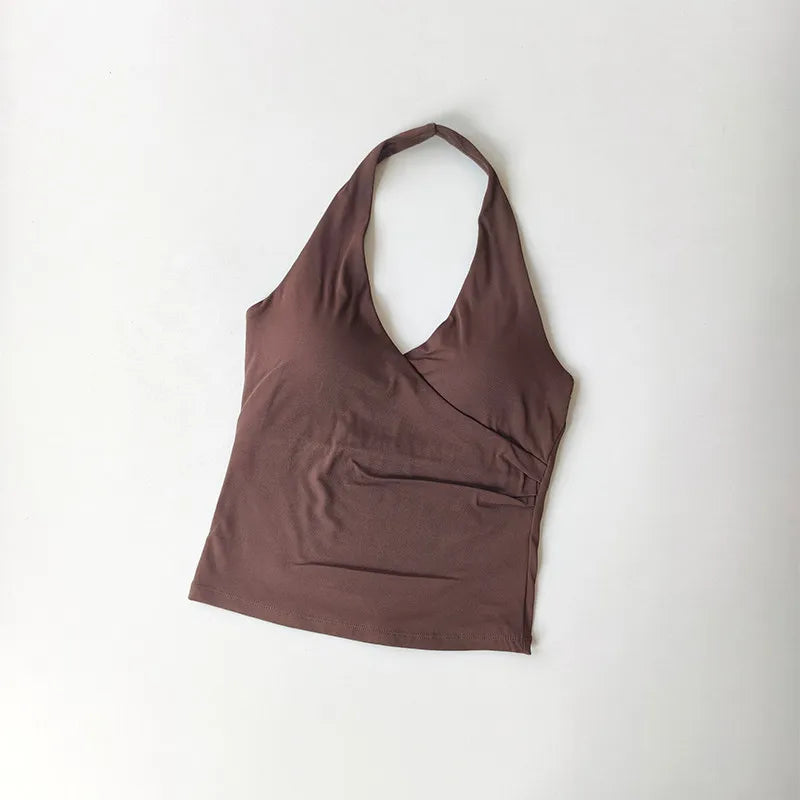 Sexy V-neck Cross Halter Neck with Chest Pad Yoga Vest Sleeveless Naked Sense Sports Fitness Bras Top Outer Wear Beautiful Back