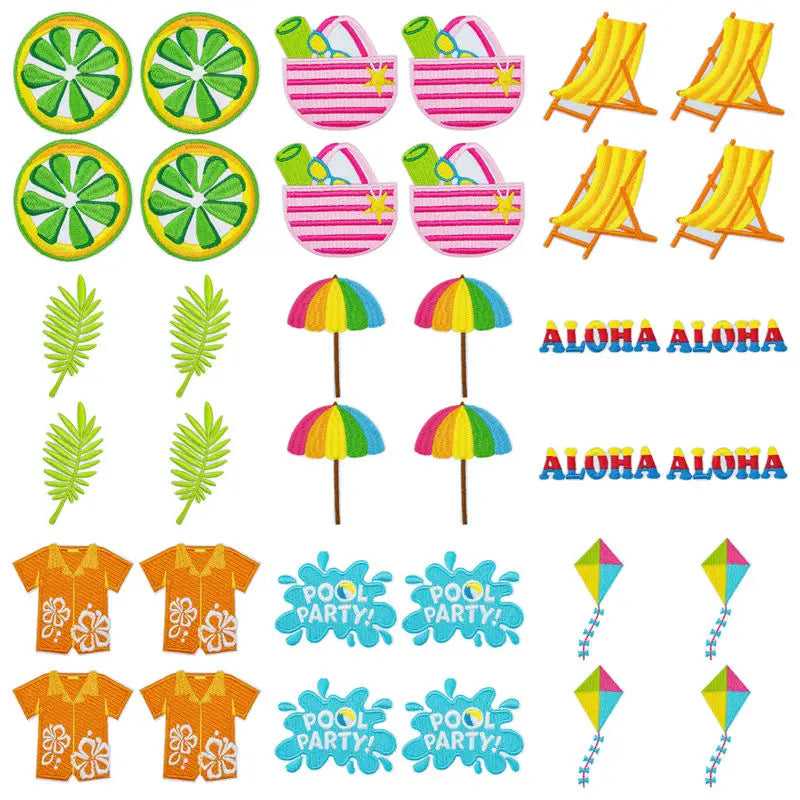 10Pcs/Lot Cool Summer Pool Iron On Patches For Clothing Beach Chair Colorful Kite Aloha Embroidery Patches Backpack Appliques
