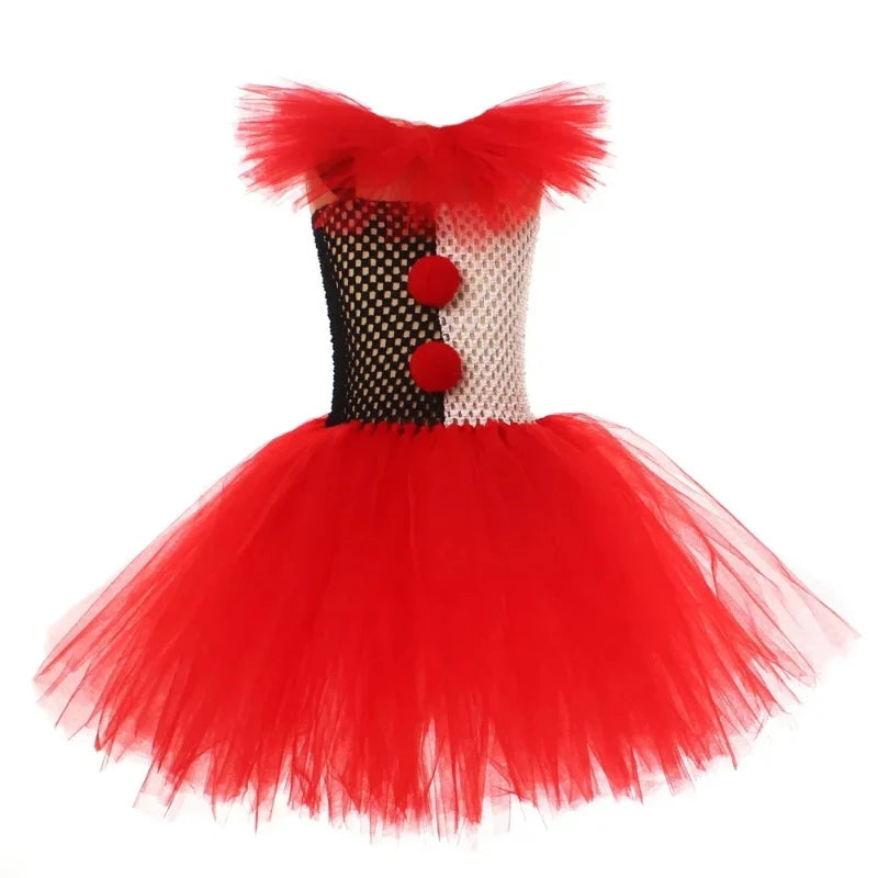 Doll Clown Costume Girl Kids Halloween Circus Tutu Dress with Hairclip Stockings Kids Funny Role Play Carnival Dress Up Outfits
