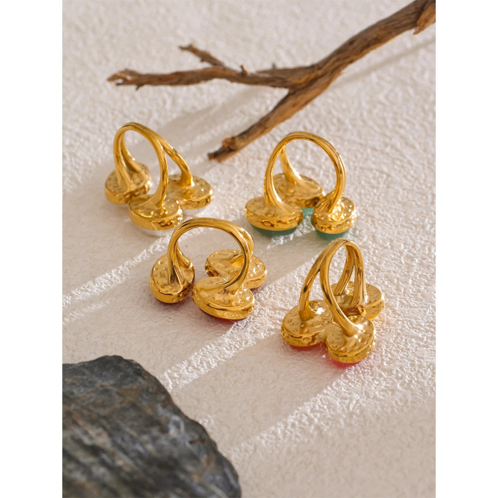 Yhpup Natural Aventurine Agate Stone Shell Pearl Flower Adjustable Ring Fashion Stainless Steel Charm Finger Jewelry Accessories