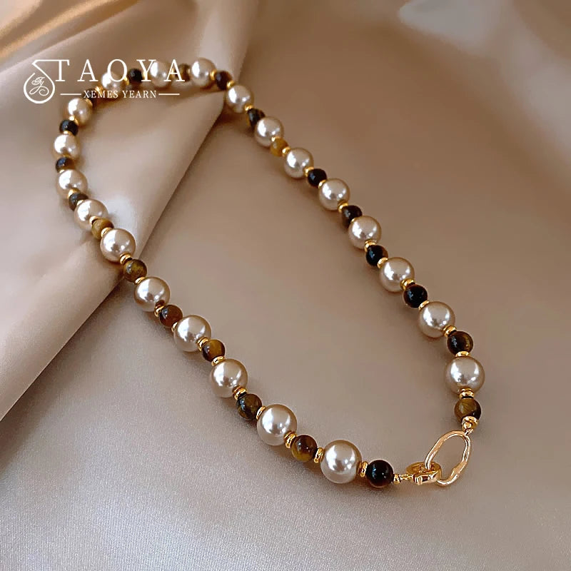 Maillard Natural Tiger's-eye Champagne Pearl Bead Necklace For 2024 Fashion Jewelry Women's Sexy Sweater Chain Neck Accessories