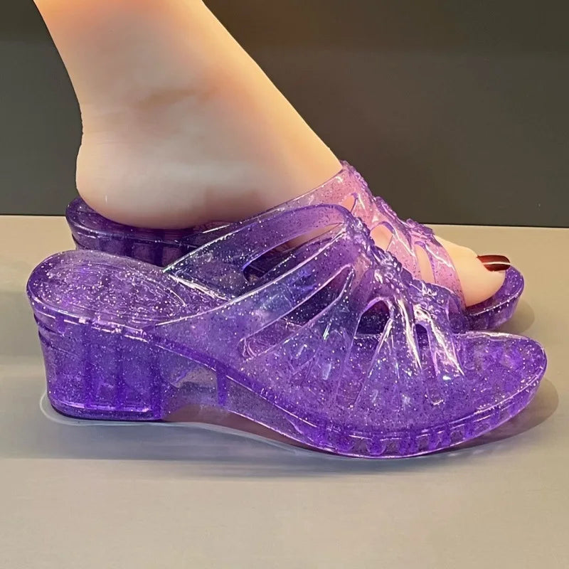36-40 Women Slippers Summer Wedges Sandals Transparent Crystal Shoes Female Flip Flops Hollow Out Thick-soled Anti-slip Footwear