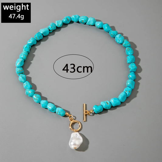 Irregular natural turquoise shaped pearl pendant necklace, handmade personalized necklace for women
