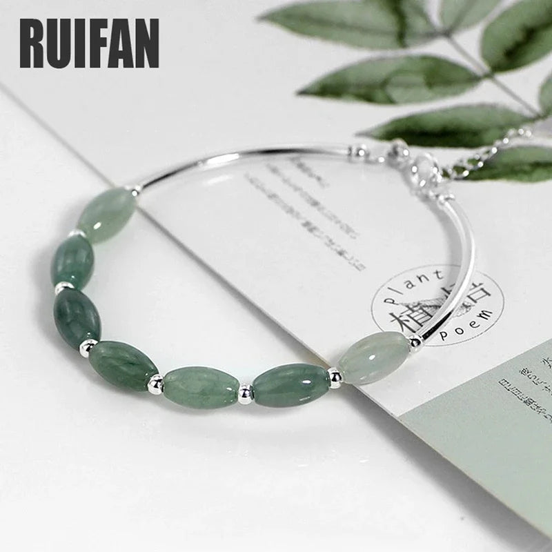 Ruifan Oval Natural Stone Green Jade Pure 925 Sterling Silver Bangle Bracelets for Women S925 Fine Jewelry Accessories YBR098