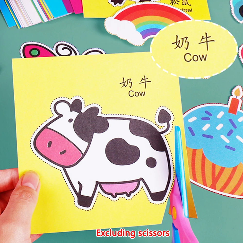 90 Sheets Kids Paper Cutting Book - Animals Fruits Vegetables DIY Educational Art Craft Fine Motor Skills Training for Preschool