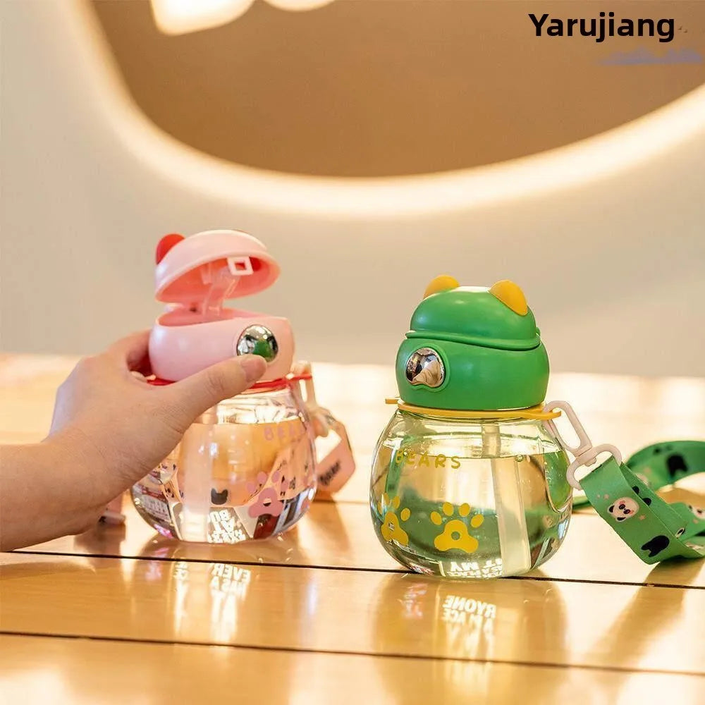 Children's Plastic Straw Cup Portable Sling Cup Boys Girls Elementary School Summer Water Bottle Cute Small Cute Stool Cup