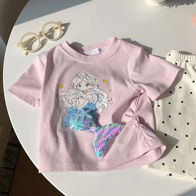 2-10T Mermaid Girls T Shirt Summer Toddler Kid Baby Clothes Short Sleeve Infant Princess Tee Top Loose Childrens Tshirt Outfit