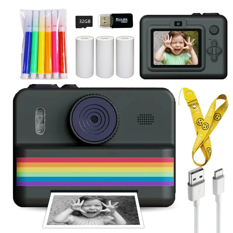 kids instants camera with 32GB memory card&color pencil, dual cameras, flashlight, the perfect gift for boys and girls.