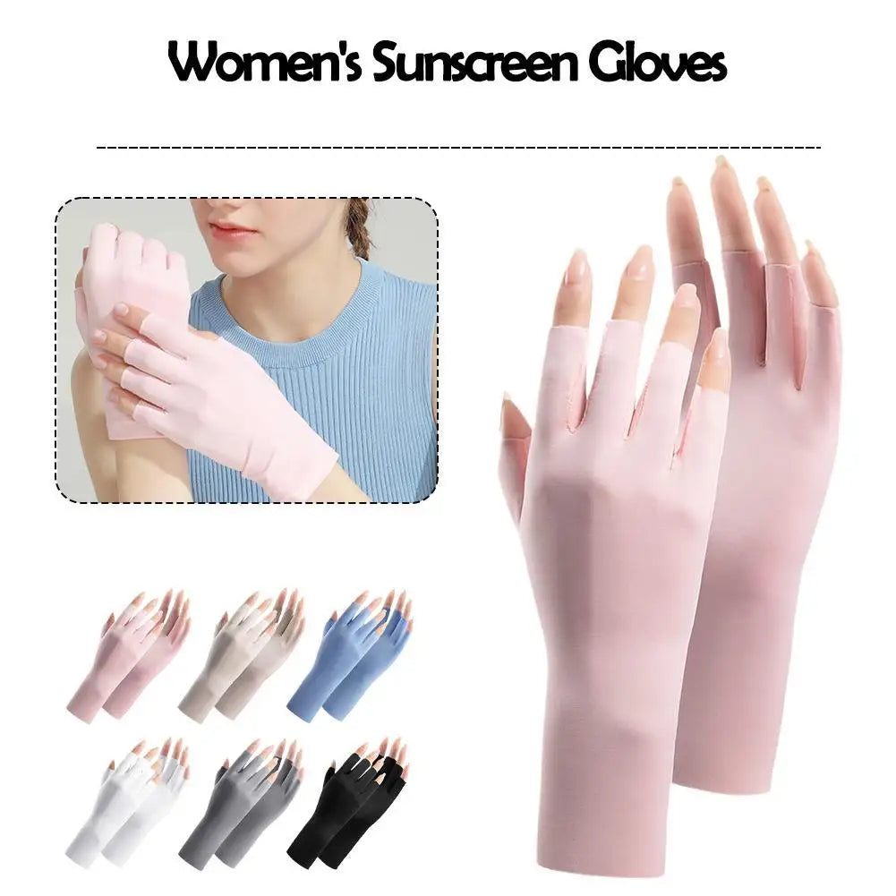 Women's Summer Ice Silk UV Protection Sunscreen Gloves Half Finger Thin Breathable Cooling Driving Gloves