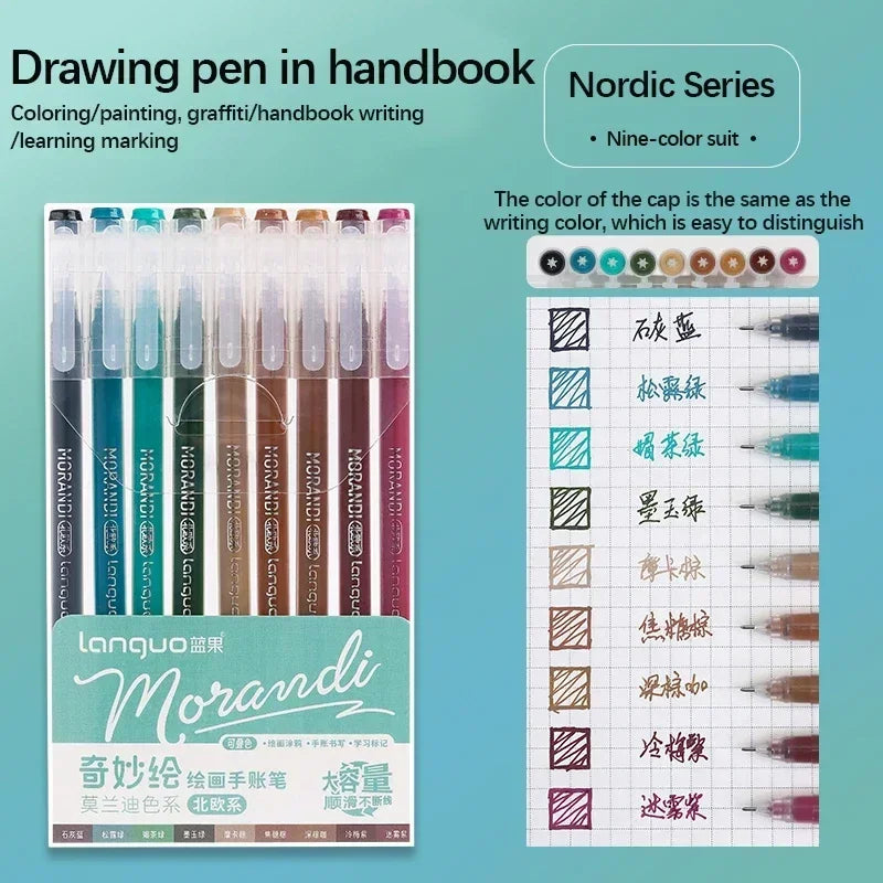 Languo Gel Pen Large Capacity Handbook Pens 6/9Pcs 0.6mm Student Art Diy Doodling Drawing Markers Office Kawaii Art Stationery