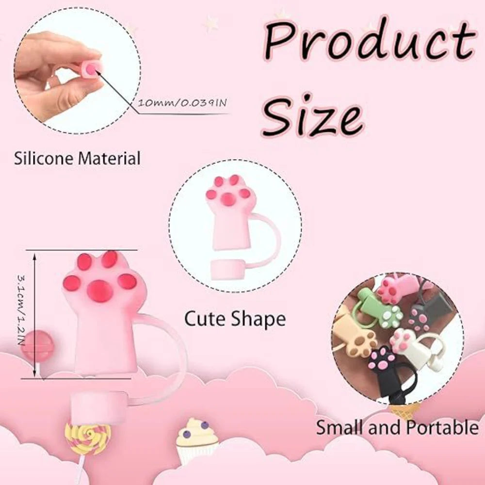 Cute Silicone Straw Toppers Cat Paw Straw Cover For Stanley 30/40oz Tumbler Cup Reusable Dust-Proof Spill-Proof Plug 10mm