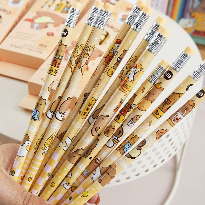 12Pcs/Pack Cartoon Animal Capybara Theme HB Writing Pencils for Kids Birthday Party Favors Back To School Rewards Goodie Bag