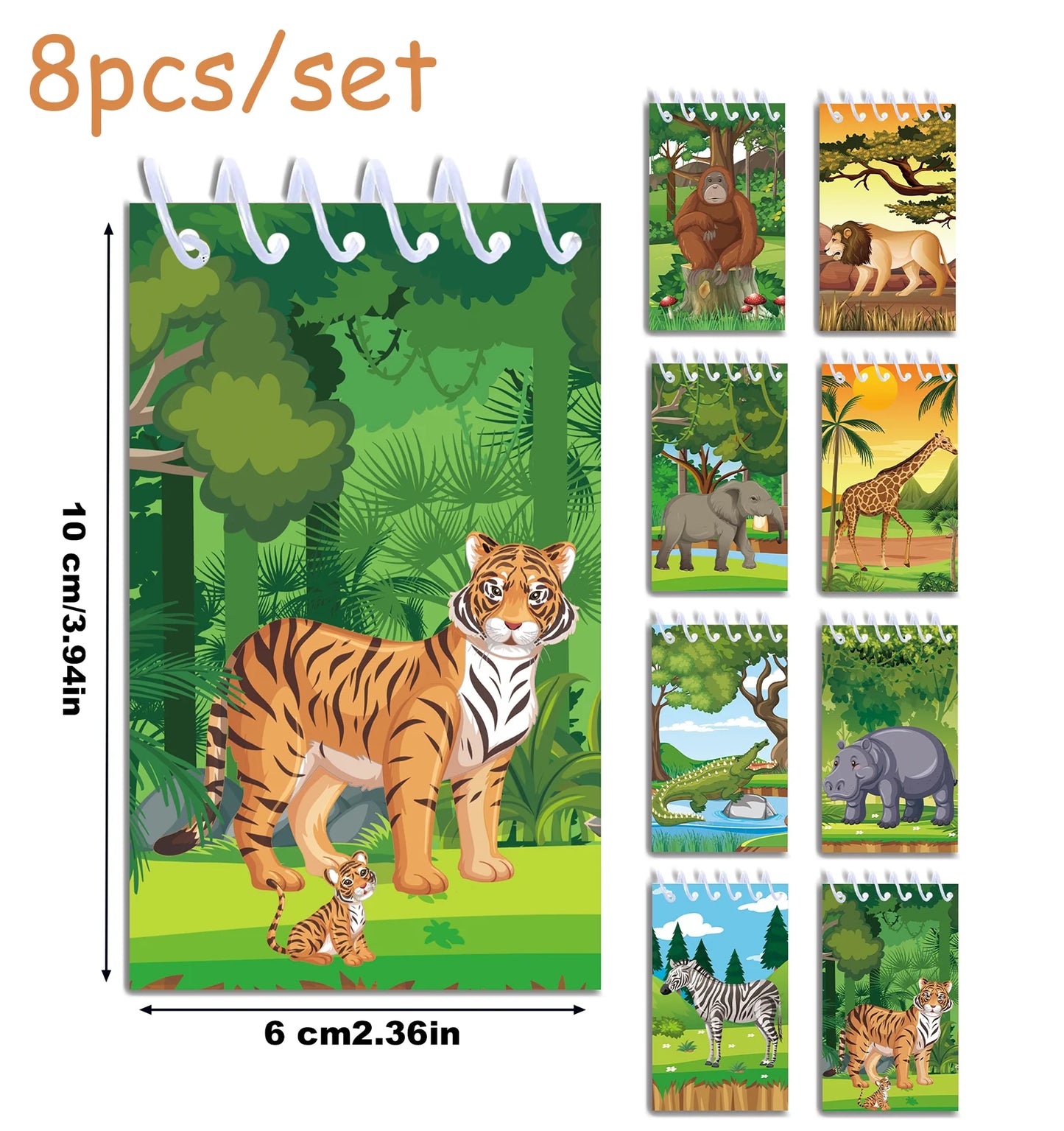 8pcs Jungle Animals Mini Spiral Pocket Notebooks Tiger Lion Memo Pad Coil Booklet Notepads For Office Stationery School Diaries