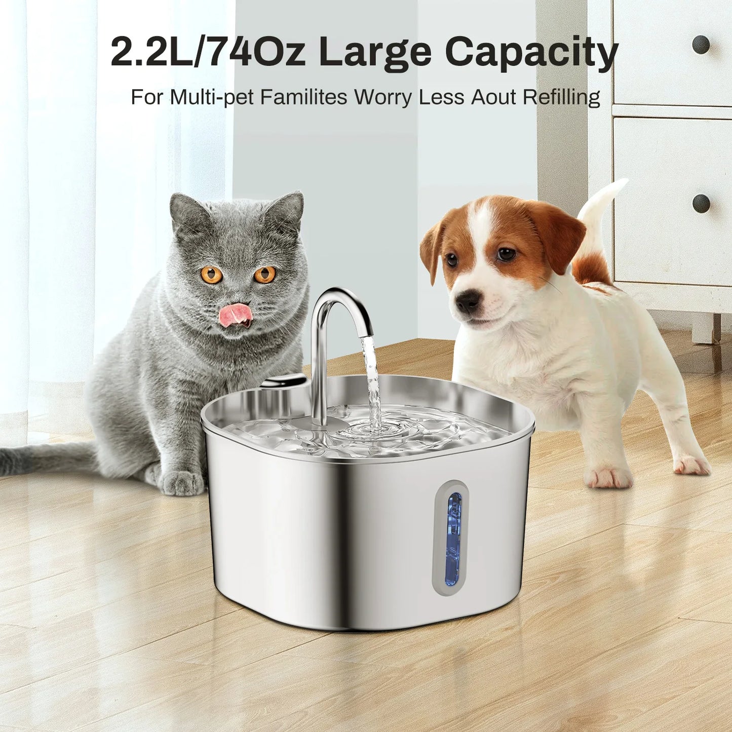 2.2L Automatic Cat Water Fountain Square Stainless Steel Dog Cat Dispenser Silent Water Pump Circulation Filtering Visual Window