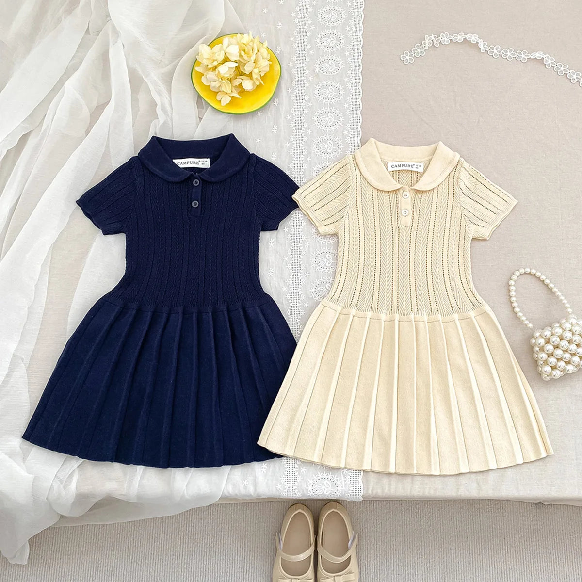 1-5Y Kids Clothes Hollow Out Knit Dress For Girls Preppy Style Childrens  Knit Pleated Dresses