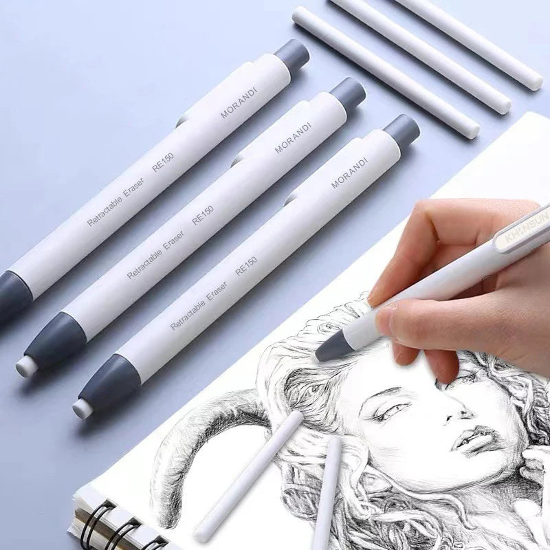 Press Eraser Pen with Replaceable Core Retractable and Pushable Art Eraser for Students and Children Stationery Supplies