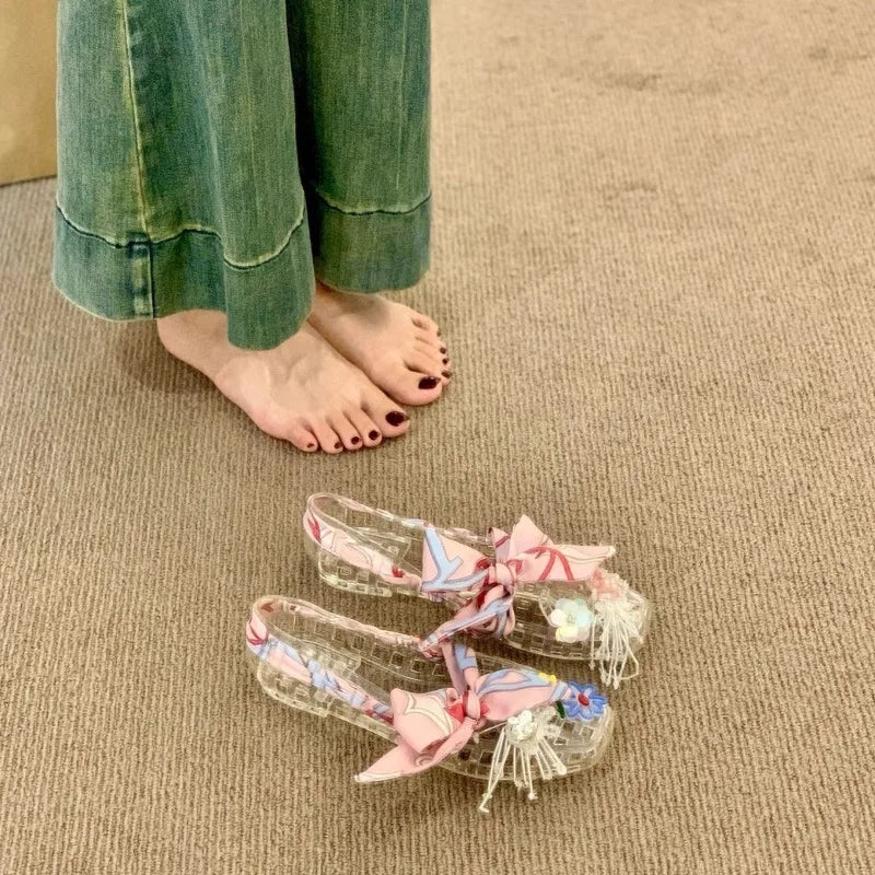 Women's Square Open Toe Jelly Flats DIY Crystal Floral Handmade Mesh Sandals Casual Slip-On Summer Shoes Holiday-style Sandals
