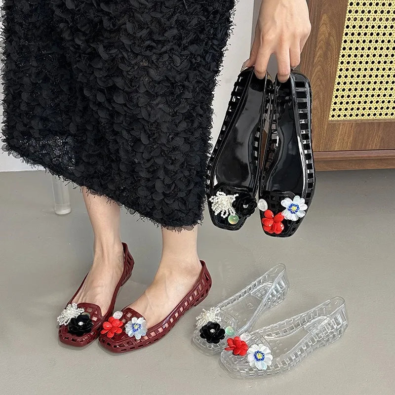 Transparent Crystal Jelly Sandals Hollow Out Slippers Korean Style Flat Shoes Women's Square Toe Shallow Slip on Ballet Loafers