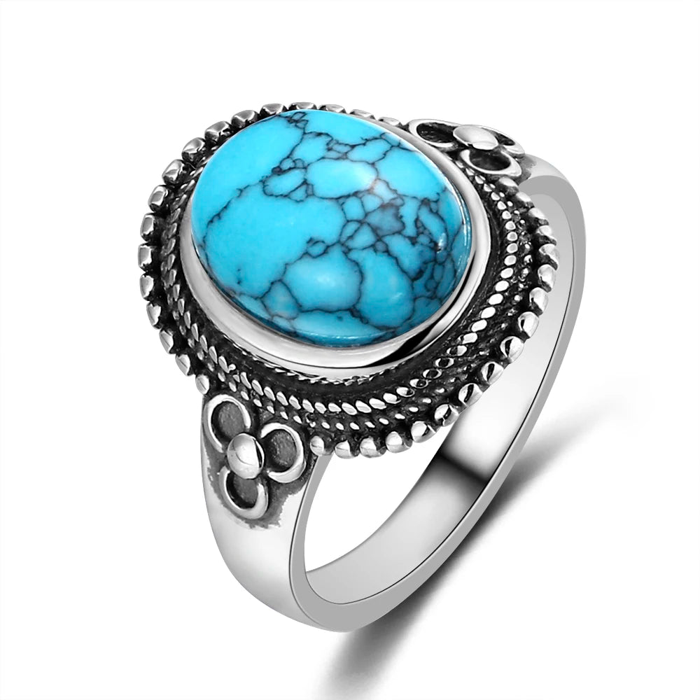 S925 Silver Oval Natural Turquoise Rings for Men Women Silver Fine Jewelry