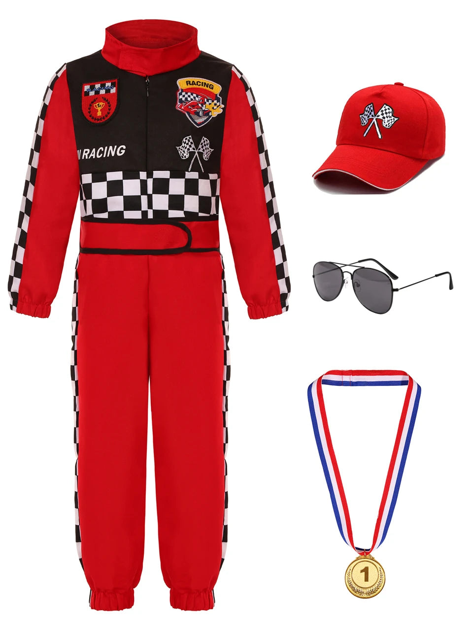 Kids Race Car Driver Costume – Checkered Jumpsuit with Cap, Sunglasses & Medal, Ages 3–10