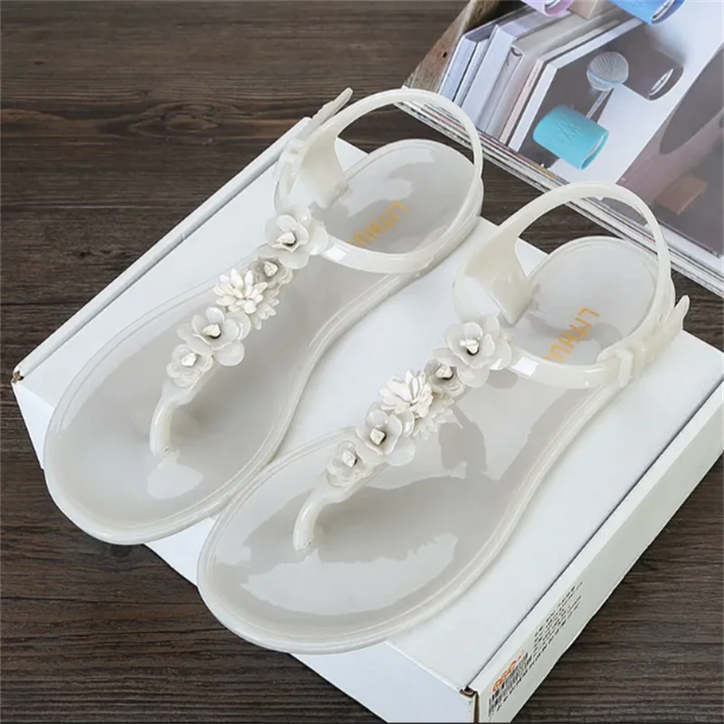 Sandals Women's Anti-slip Jelly Soft Sole Outer Wear Beach Waterproof Women Sandals Flat Bottom Hollow Flower Slippers
