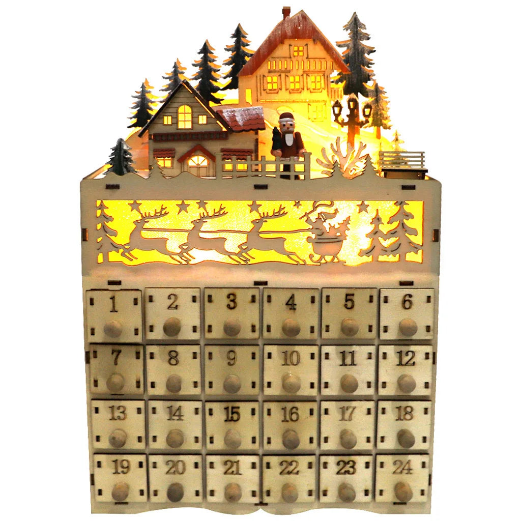 Wooden LED Village House Advent Calendar – Lighted Countdown with Drawers