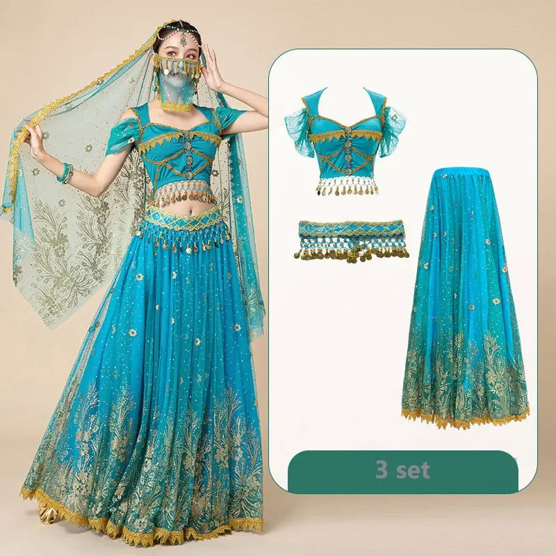 Women Festival Halloween Cosplay Belly Dance Top Dress Adult Indian Arab Jasmine Sari Fantasy Rave Bollywood Outfit Costume Suit