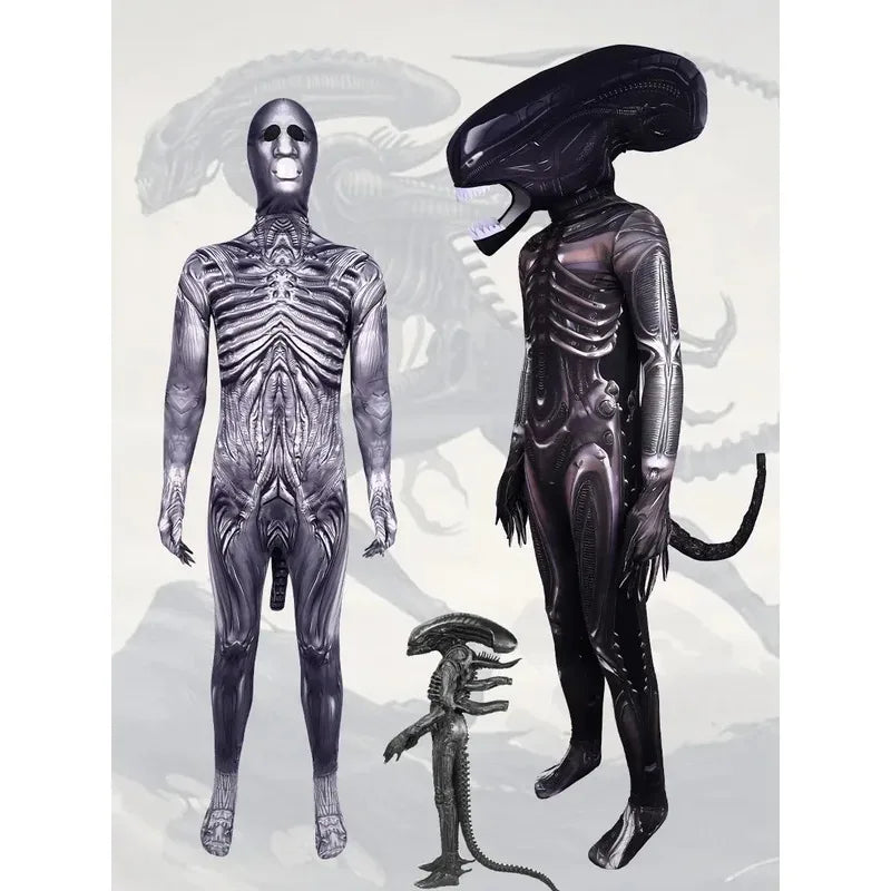 CyAlien Xenomorph Costume Kids Adult Sci-Fi Movie Romulus Head Mask Suit Scary Space Monster Outfit for Halloween Cosplay Costum