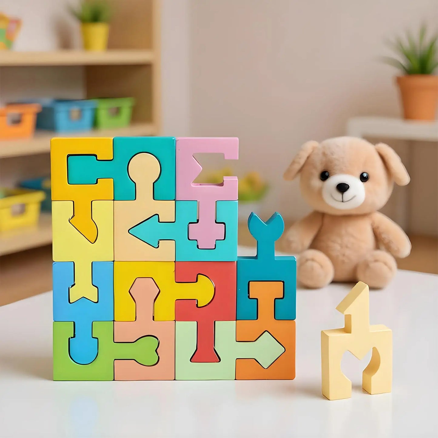 Wooden Puzzles Geometric Shape Matching Toy 16 Pcs Jigsaw Puzzle for Kids Boys Girls Learning Home School Kindergarten Education