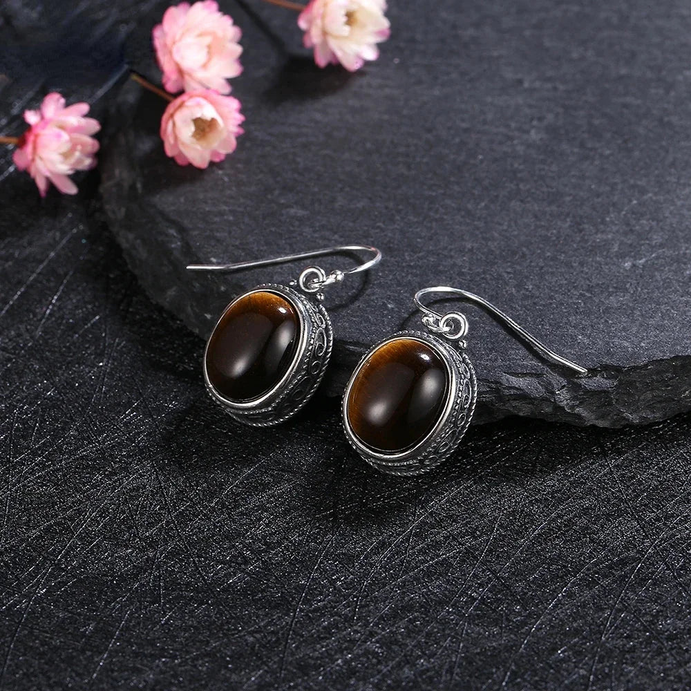 Women's Jewelry S925 Silver Earrings 10*12mm Oval Natural Tiger Eye Drop Earrings Fine Jewelry Engagement Birthday Gift