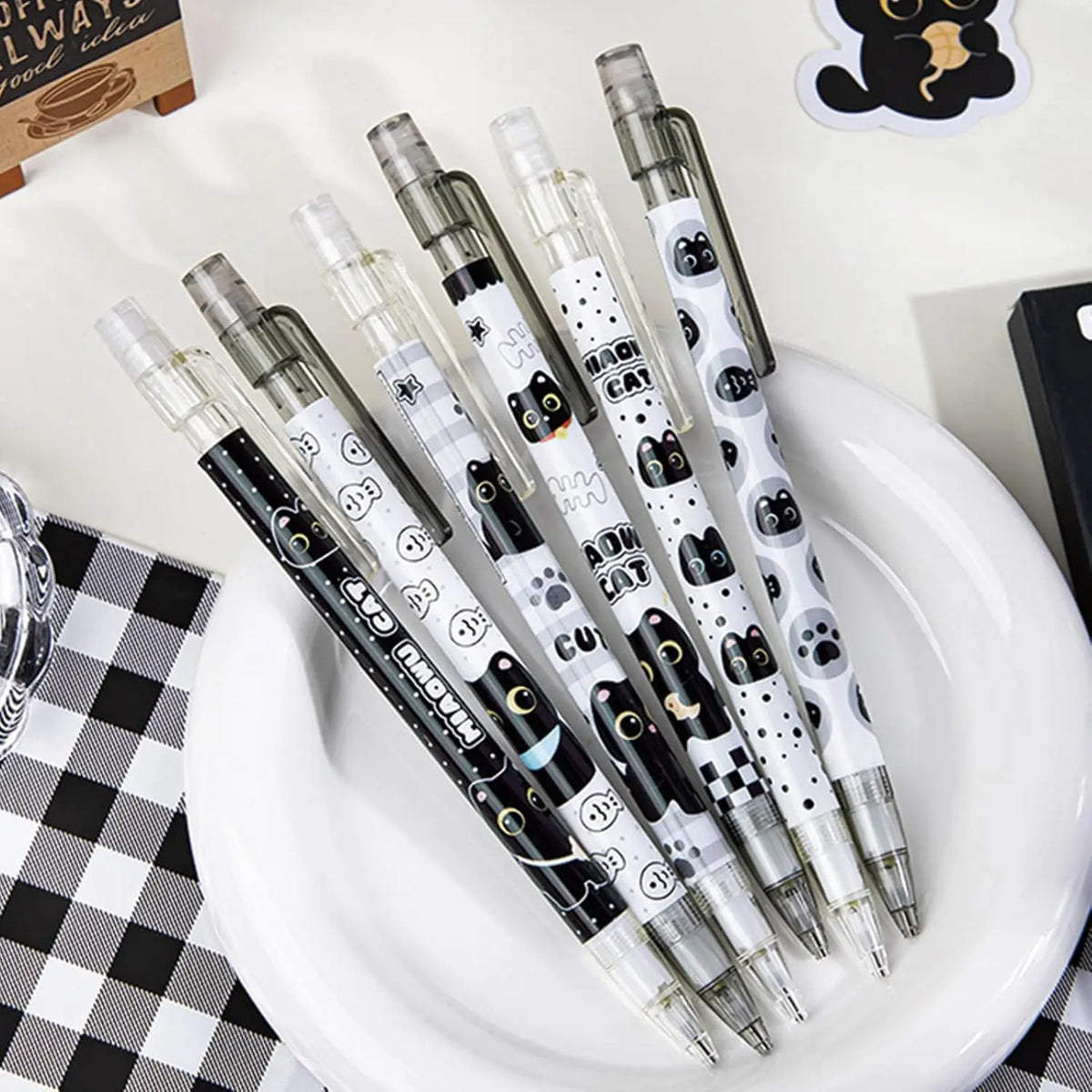 6pc Cute automatic pencil with eraser, 0.5mm lead, featuring a cartoon black cat design, suitable for students, boys, and women.