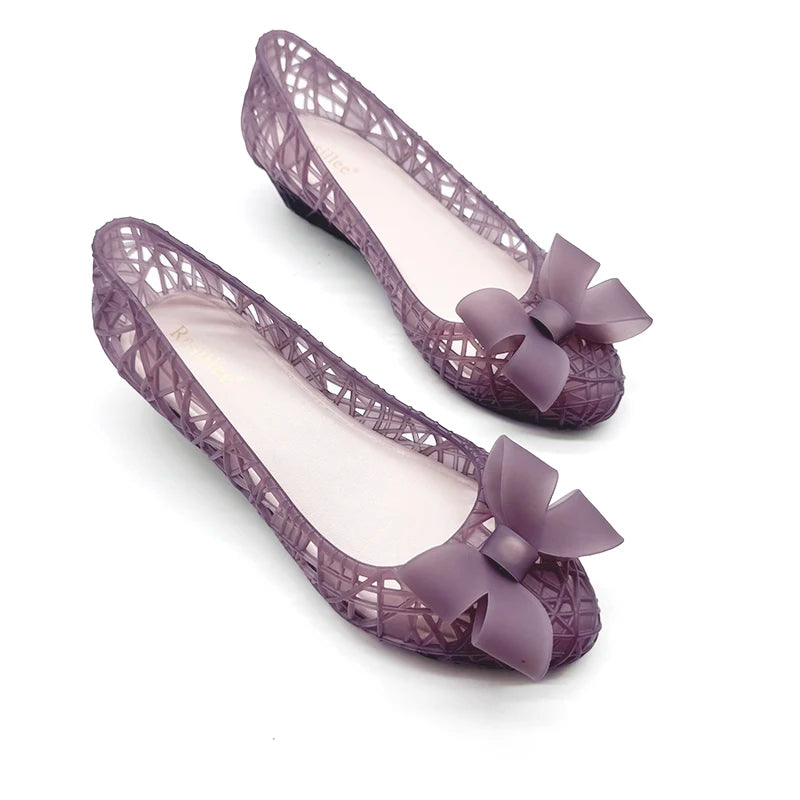 Resillee Women  Hollow Out Bow Knot Jelly Shoes Summer Breathable PVC Ballet Flats Low Wedge Waterproof Beach Casual Sandal