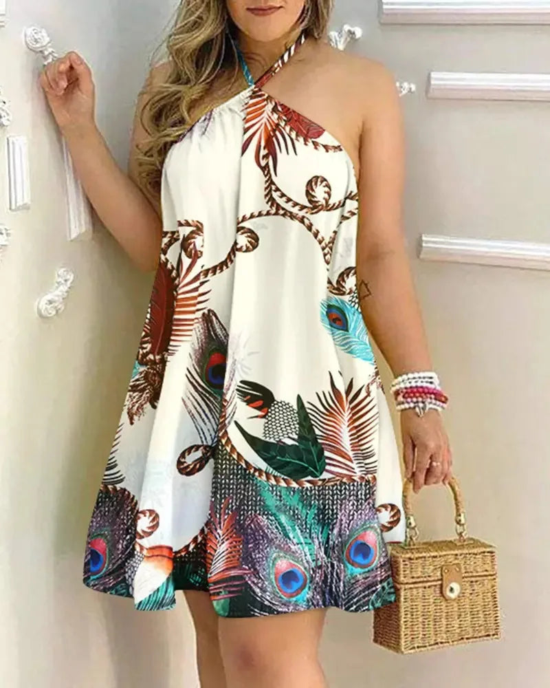 Women's 2026 Tropical Leaf Print Halter Neck Mini Dress Sleeveless Backless A-Line Summer Beach Sundress Casual