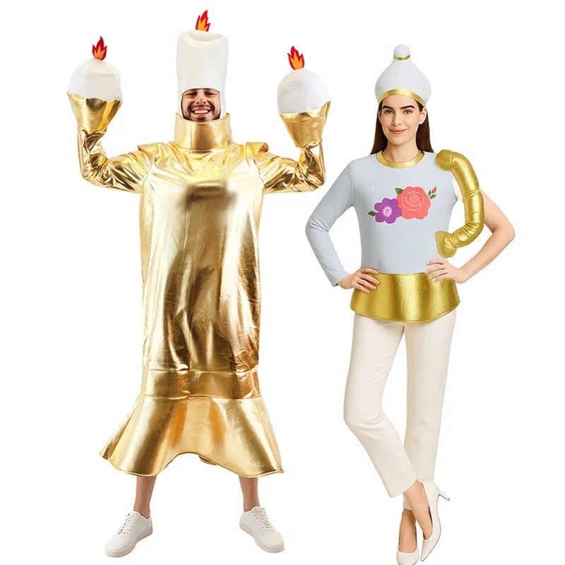 Adult Unisex Funny Couple Beauty Beast Roleplay Outfit Lumiere Adults Candelabra Halloween Fancy Dress Women Mrs Potts Costumes