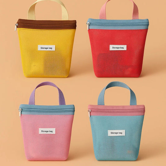 Ins Style Vibrant Bright Color Summer Mesh Tote Bag Small Cosmetic Bag Handbag Foldable Portable Toiletry Bag Women's Beach Bag