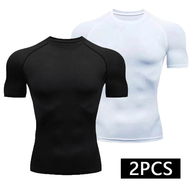 2-Piece Compression T Shirt Men Summer Sportswear Running T-shirt Elastic Quick Dry Sport Tops Athletic Gym Workout Shirts Men
