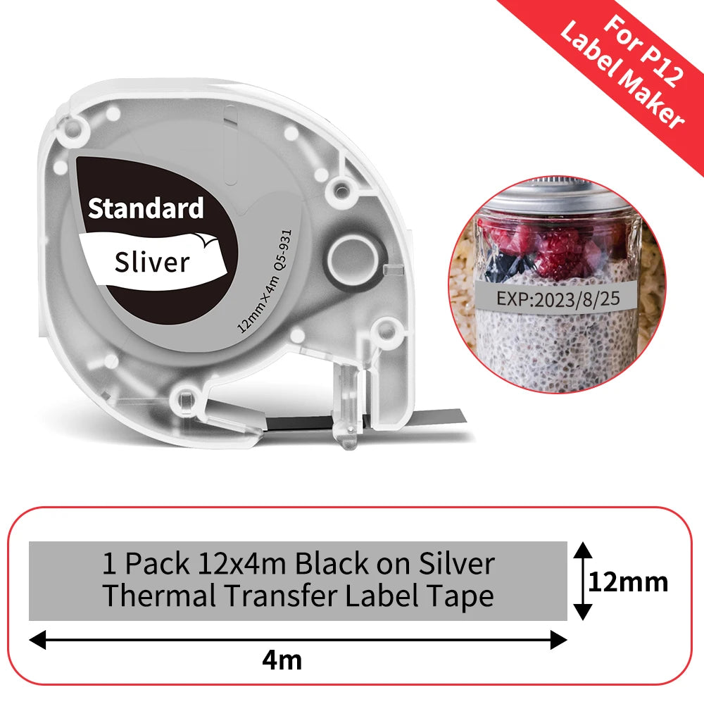 P12 Label Tape Compatible with Dymo LetraTag 200B Refills LT-100H Label Replacement for Phomemo P12 PRO Label Maker 12mm x 4m