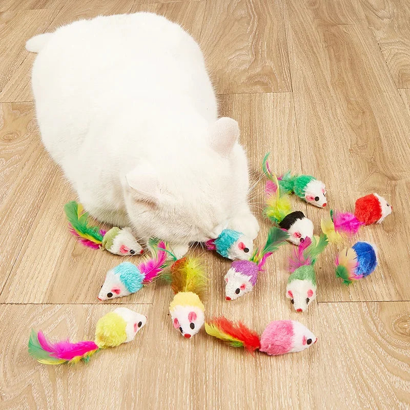 Pet Cat Toys Rabbit Fur False Mouse Feather Rainbow Mouse Toy Funny Playing Toys For Kitten