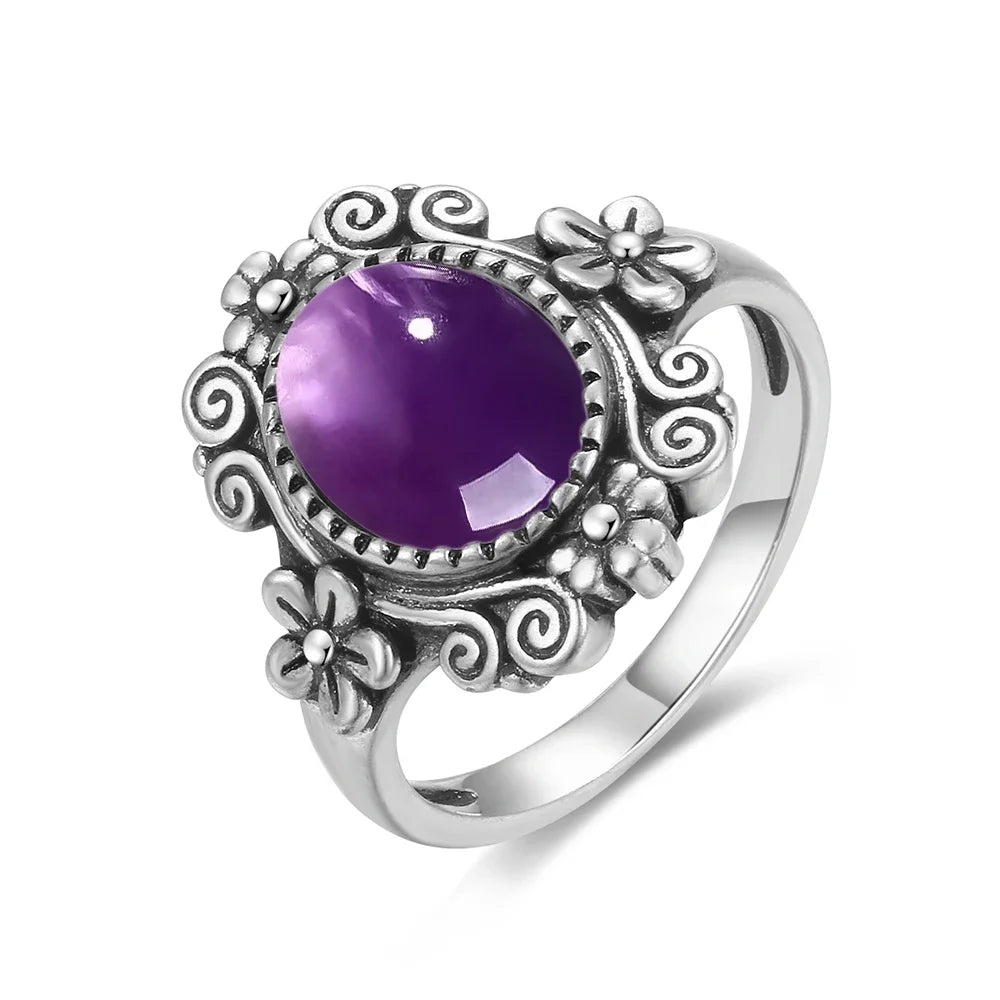 S925 Sterling Silver Vintage Ring With Natural Amethyst Two Stone Ring Waterdrop Shape Fine Jewelry Gifts for Women