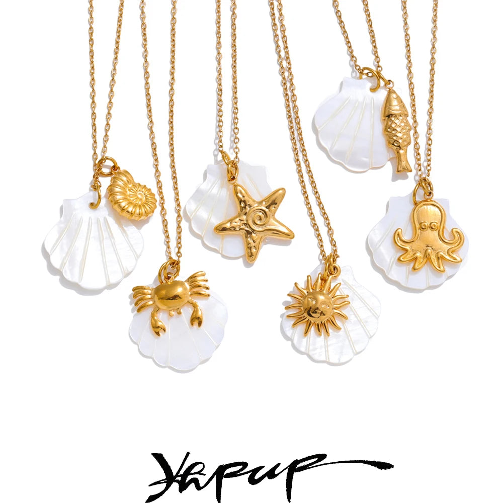 Yhpup Summer Ocean Style Shell Starfish Conch Pendant Necklace 18K Gold Color Plated Waterproof Charm Jewelry Gift